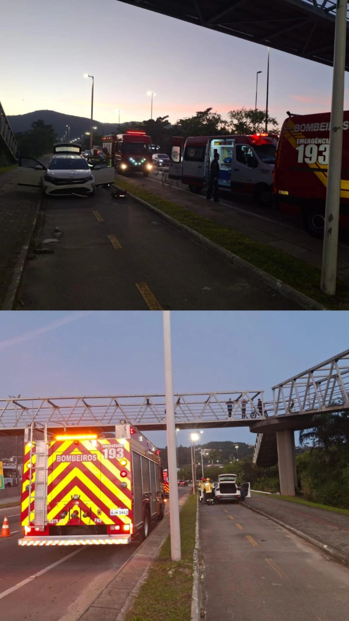 Motorista fica ferido após carro arrancar poste e arrastá-lo por 50 metros em Florianópolis