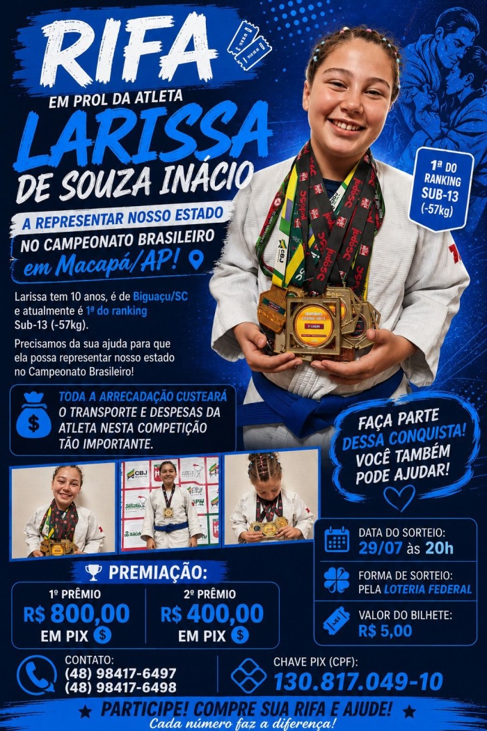 Atleta de Biguaçu promove rifa para representar Santa Catarina no Campeonato Brasileiro de Judô.