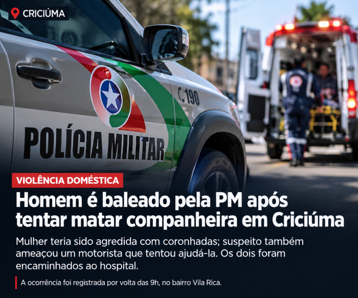 Homem é baleado pela PM após tentar matar companheira em Criciúma